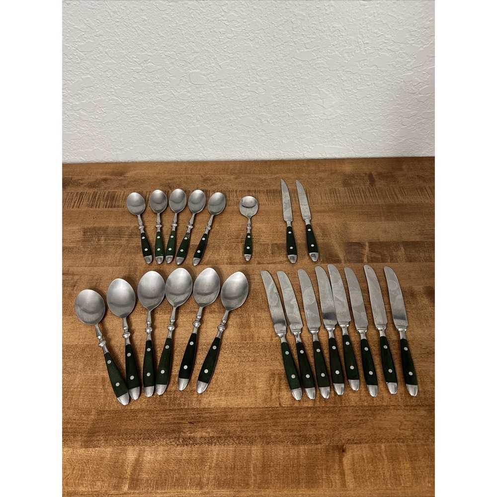 Vintage MCM 22 Piece Stainless Bistro Green Handle Flatware Set
